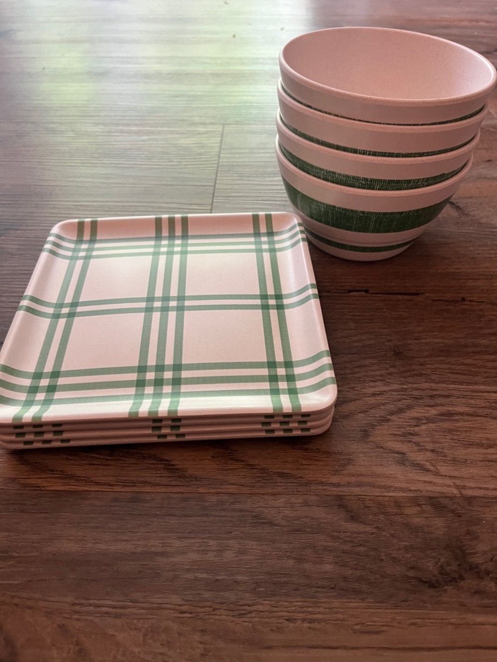 Hearth and Hand Green Plaid Plates and Striped Bowls - Home Dining Set